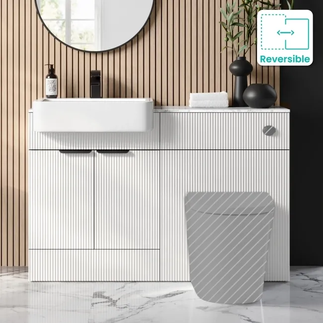 Sicily Fluted Coastal White Basin Vanity with Marble Top & Back To Wall Unit 1200mm (Excludes Toilet) - Black Accents