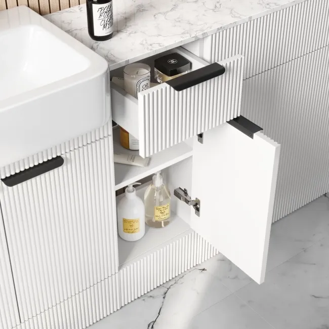 Sicily Fluted Coastal White Combination Vanity Basin with Marble Top & Tucson Toilet 1500mm - Black Accents
