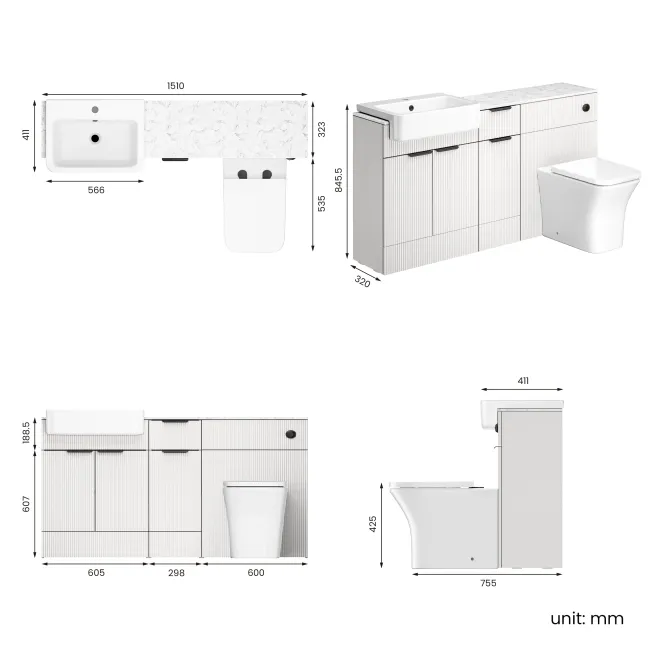 Sicily Fluted Coastal White Combination Vanity Basin with Marble Top & Houston Toilet 1500mm - Black Accents