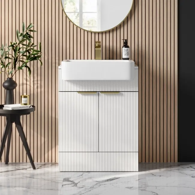 Sicily Fluted Coastal White Vanity with Semi Recessed Basin 600mm - Brushed Brass Accents