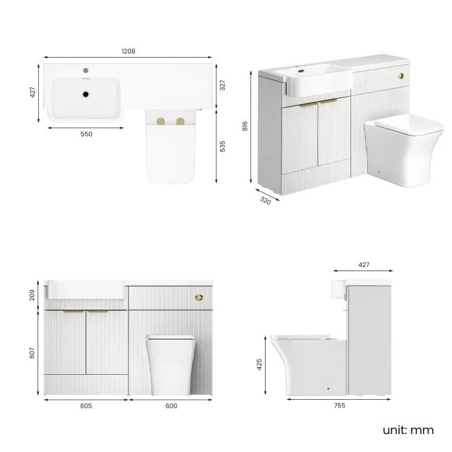 Sicily Fluted Coastal White Combination Vanity Basin and Houston Toilet 1200mm - Brushed Brass Accents - Left Handed