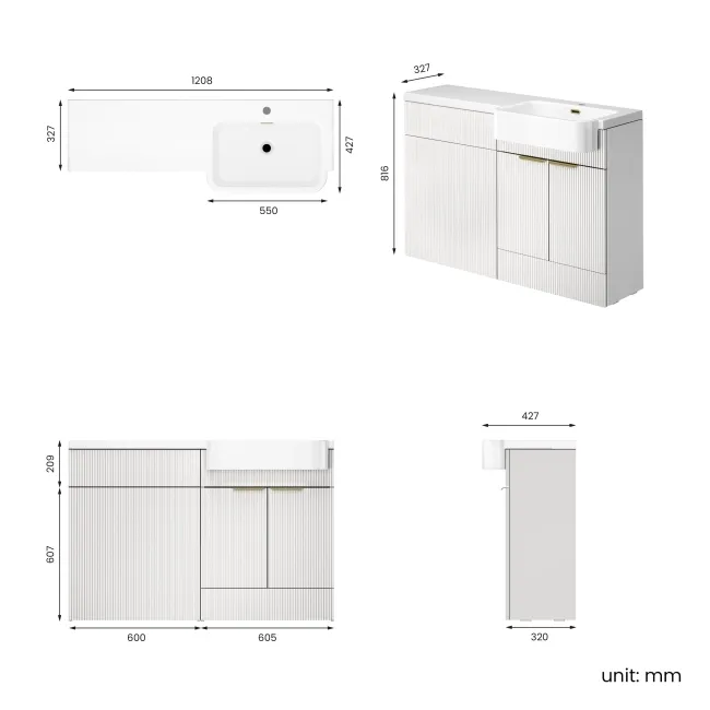 Sicily Fluted Coastal White Basin Vanity and Back To Wall Toilet Unit 1200mm (Excludes Toilet) - Brushed Brass Accents - Right Handed