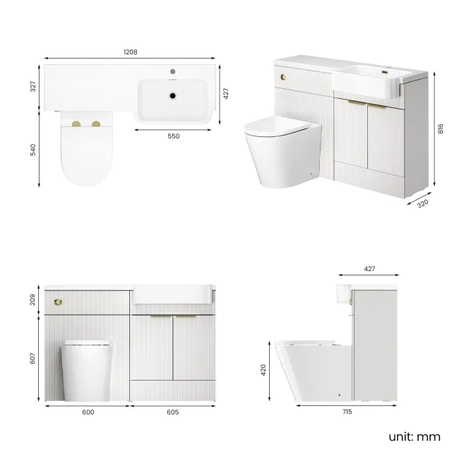 Sicily Fluted Coastal White Combination Vanity Basin and Boston Toilet 1200mm - Brushed Brass Accents - Right Handed