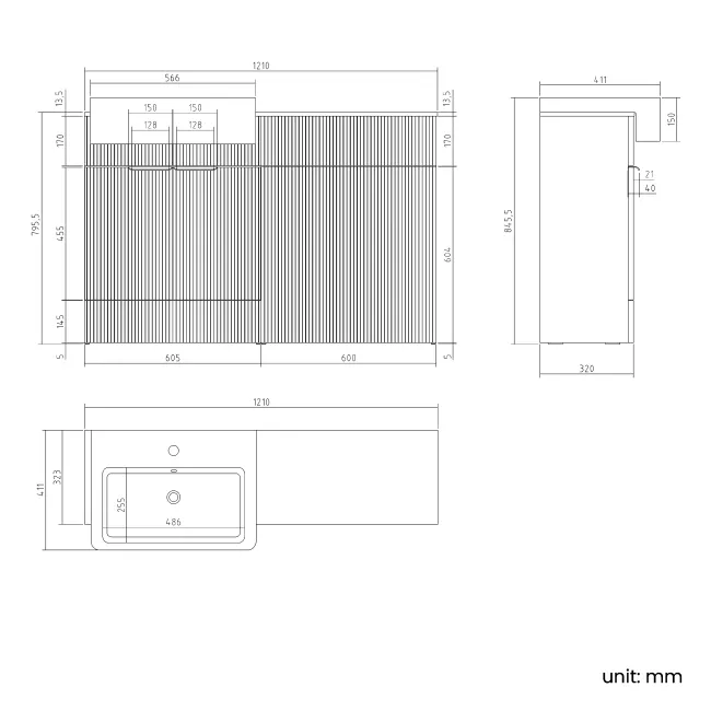 Sicily Fluted Coastal White Basin Vanity with Marble Top & Back To Wall Unit 1200mm (Excludes Toilet) - Brushed Brass Accents