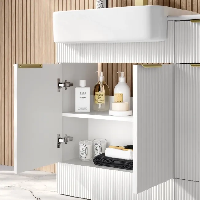 Sicily Fluted Coastal White Combination Vanity Basin 1500mm (Excludes Toilet) - Brushed Brass Accents