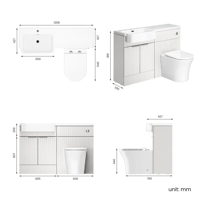Sicily Fluted Coastal White Combination Vanity Basin and Tucson Toilet 1200mm - Chrome Handles- Left Handed