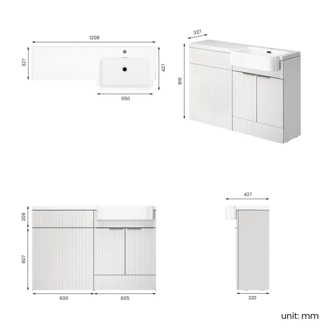 Sicily Fluted Coastal White Basin Vanity and Back To Wall Toilet Unit 1200mm (Excludes Toilet) - Chrome Handles- Right Handed