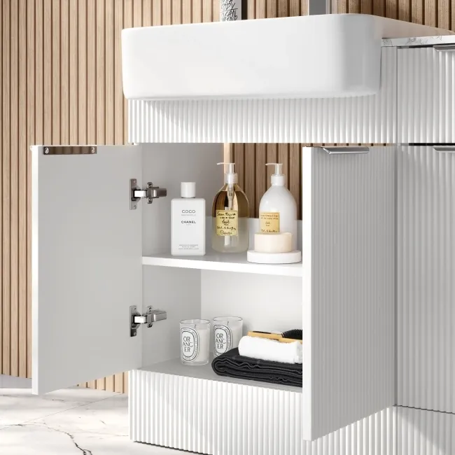 Sicily Fluted Coastal White Combination Vanity Basin with Marble Top 1500mm (Excludes Toilet) - Chrome Handles