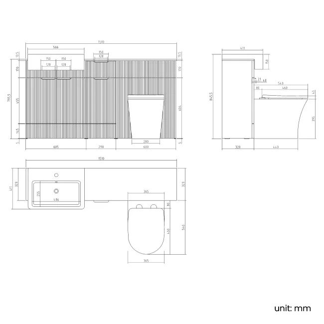 Sicily Fluted Coastal White Combination Vanity Basin with Marble Top & Tucson Toilet 1500mm - Chrome Handles