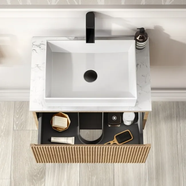 Malta Fluted Country Oak Wall Hung Drawer Vanity with Marble Top & Cody Basin 600mm