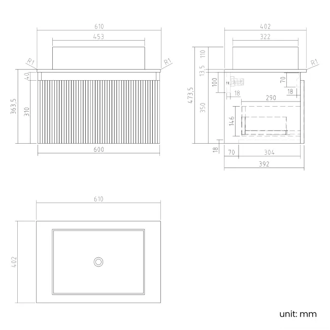 Malta Fluted Country Oak Wall Hung Drawer Vanity with Marble Top & Cody Basin 600mm