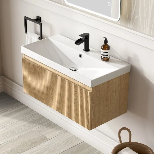 Malta Fluted Country Oak Wall Hung Basin Drawer Vanity 800mm