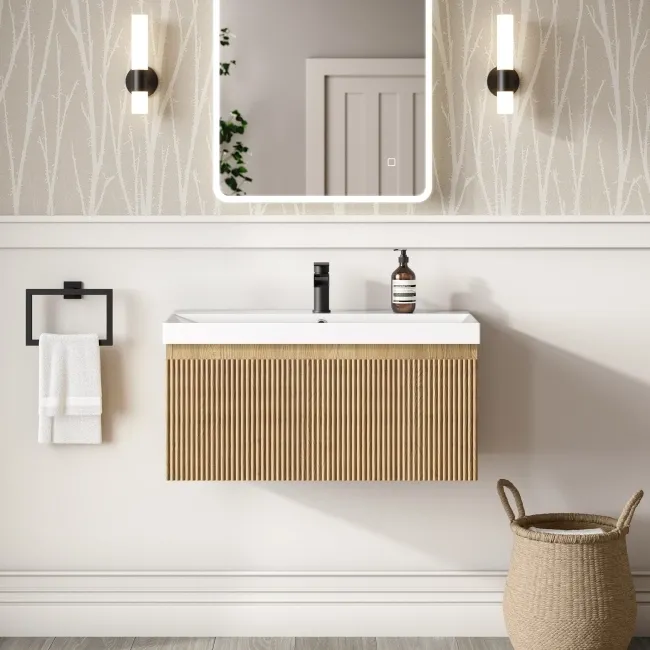 Malta Fluted Country Oak Wall Hung Basin Drawer Vanity 800mm