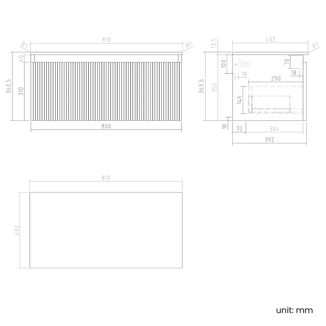 Malta Fluted Country Oak Wall Hung Drawer Vanity with Marble Top 800mm - Excludes Counter Top Basin