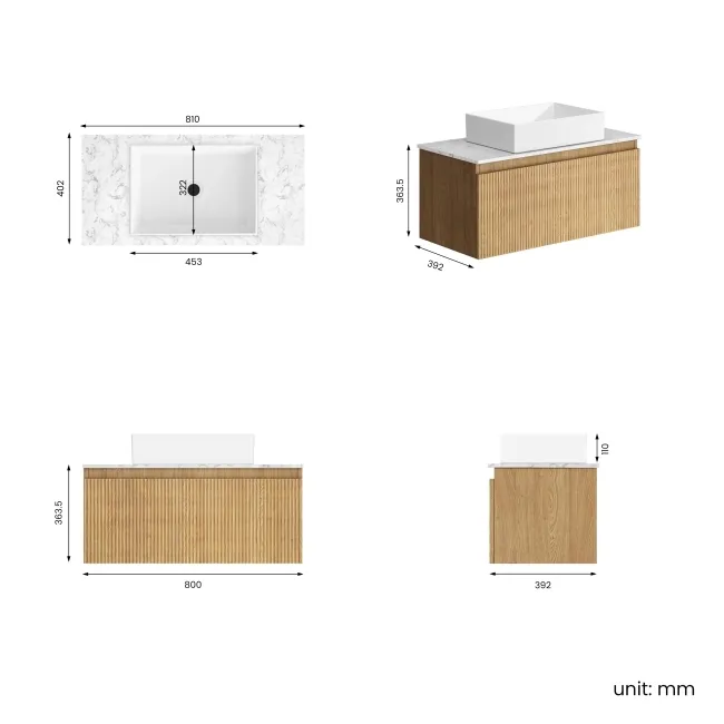Malta Fluted Country Oak Wall Hung Drawer Vanity with Marble Top & Cody Basin 800mm