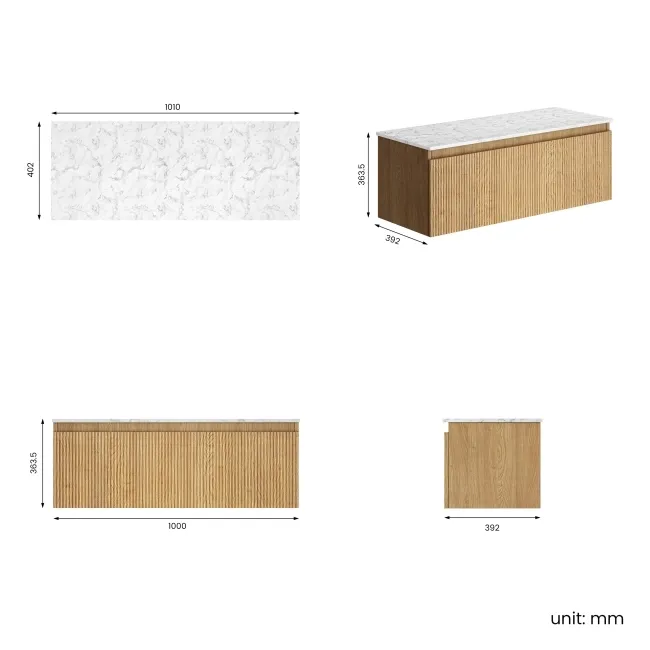 Malta Fluted Country Oak Wall Hung Drawer Vanity with Marble Top 1000mm - Excludes Counter Top Basin