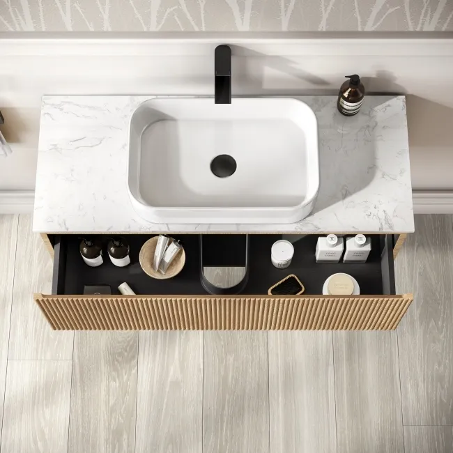 Malta Fluted Country Oak Wall Hung Drawer Vanity with Marble Top & Marin Basin 1000mm