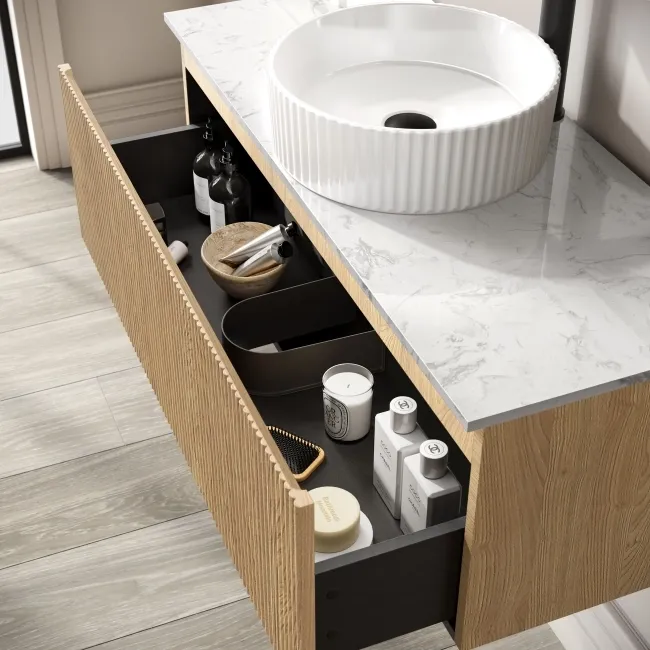 Malta Fluted Country Oak Wall Hung Drawer Vanity with Marble Top & Nevis Basin 1000mm