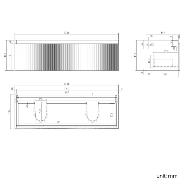 Malta Fluted Country Oak Wall Hung Double Basin Drawer Vanity 1200mm