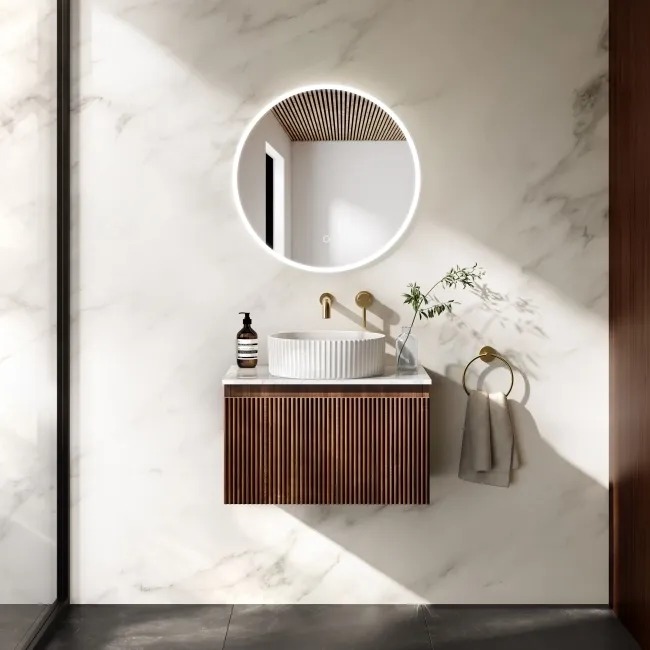 Malta Fluted Black Walnut Wall Hung Drawer Vanity with Marble Top & Nevis Basin 600mm