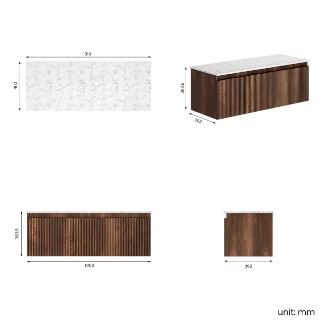 Malta Fluted Black Walnut Wall Hung Drawer Vanity with Marble Top 1000mm - Excludes Counter Top Basin