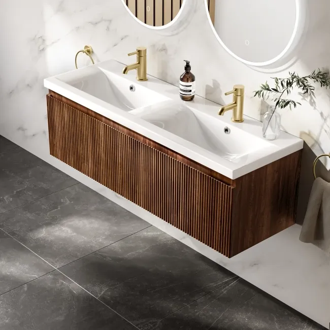 Malta Fluted Black Walnut Wall Hung Double Basin Drawer Vanity 1200mm