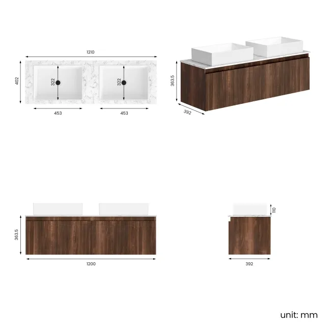 Malta Fluted Black Walnut Double Wall Hung Drawer Vanity with Marble Top & Cody Basin 1200mm