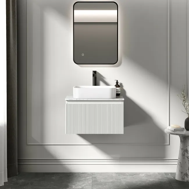 Malta Fluted Coastal White Wall Hung Drawer Vanity with Marble Top & Marin Basin 600mm