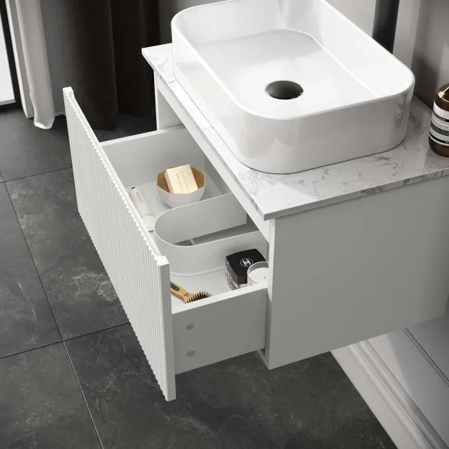 Malta Fluted Coastal White Wall Hung Drawer Vanity with Marble Top & Marin Basin 600mm