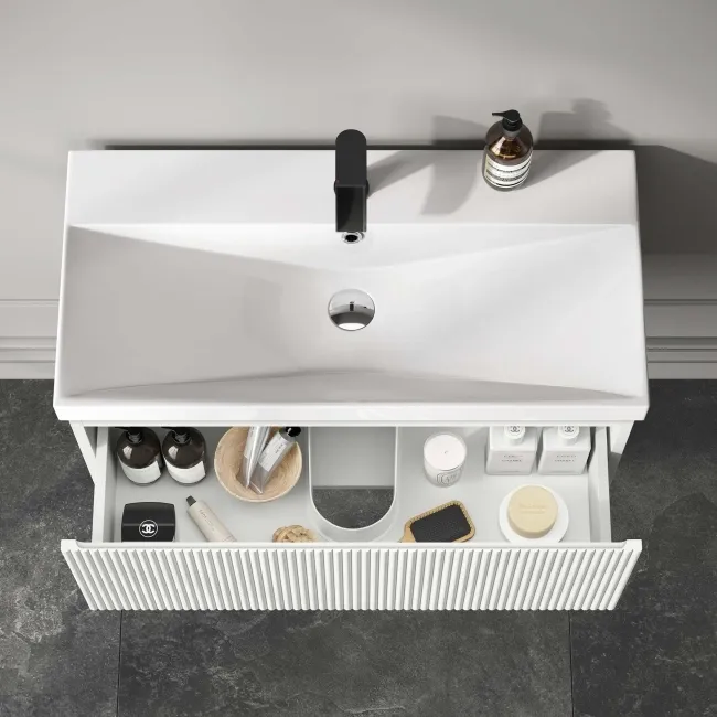 Malta Fluted Coastal White Wall Hung Basin Drawer Vanity 800mm