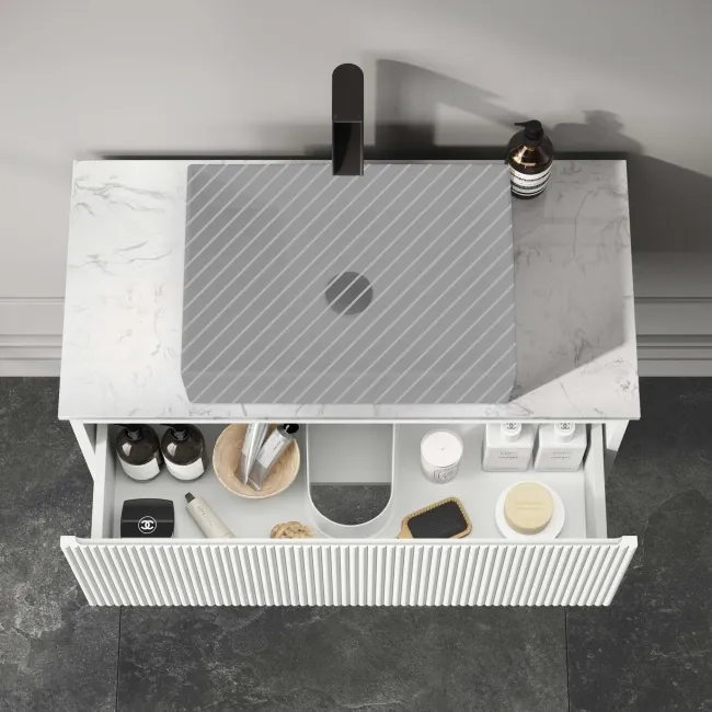 Malta Fluted Coastal White Wall Hung Drawer Vanity with Marble Top 800mm - Excludes Counter Top Basin