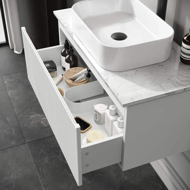 Malta Fluted Coastal White Wall Hung Drawer Vanity with Marble Top & Marin Basin 800mm