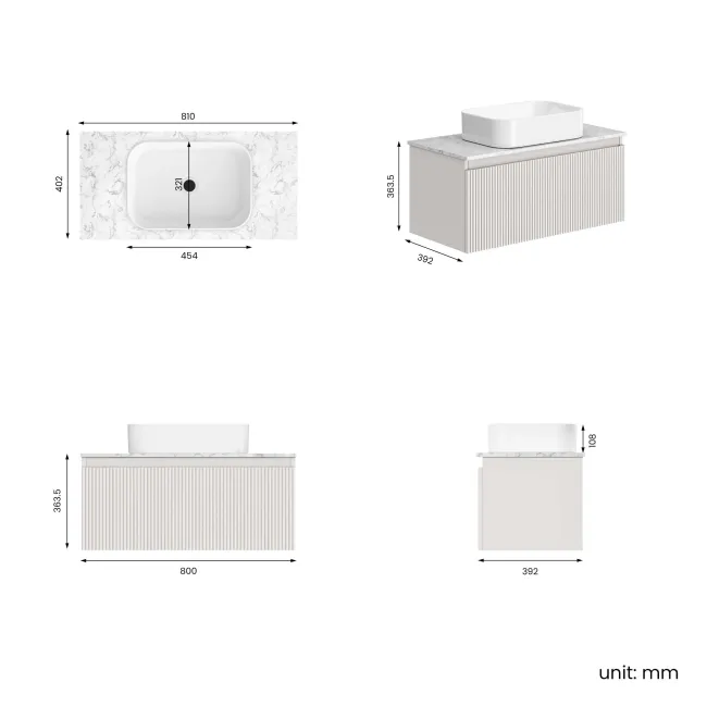 Malta Fluted Coastal White Wall Hung Drawer Vanity with Marble Top & Marin Basin 800mm