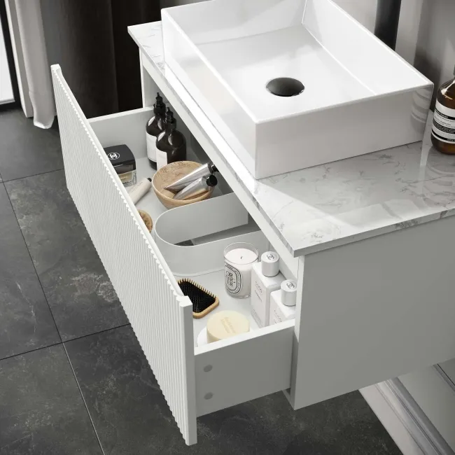 Malta Fluted Coastal White Wall Hung Drawer Vanity with Marble Top & Cody Basin 800mm