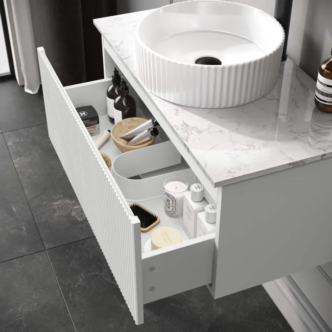 Malta Fluted Coastal White Wall Hung Drawer Vanity with Marble Top & Nevis Basin 800mm