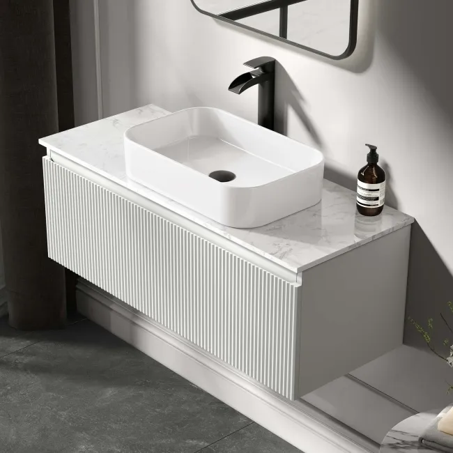 Malta Fluted Coastal White Wall Hung Drawer Vanity with Marble Top & Marin Basin 1000mm