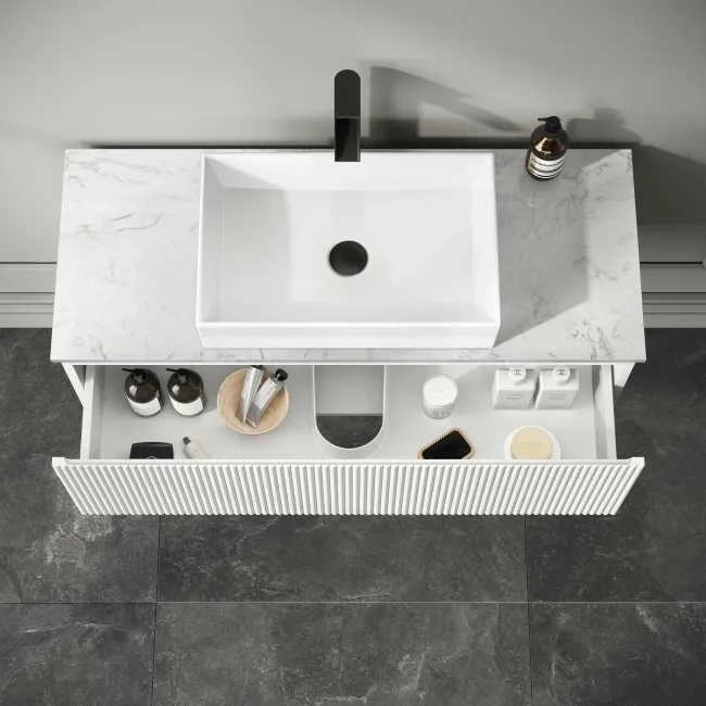 Malta Fluted Coastal White Wall Hung Drawer Vanity with Marble Top & Cody Basin 1000mm
