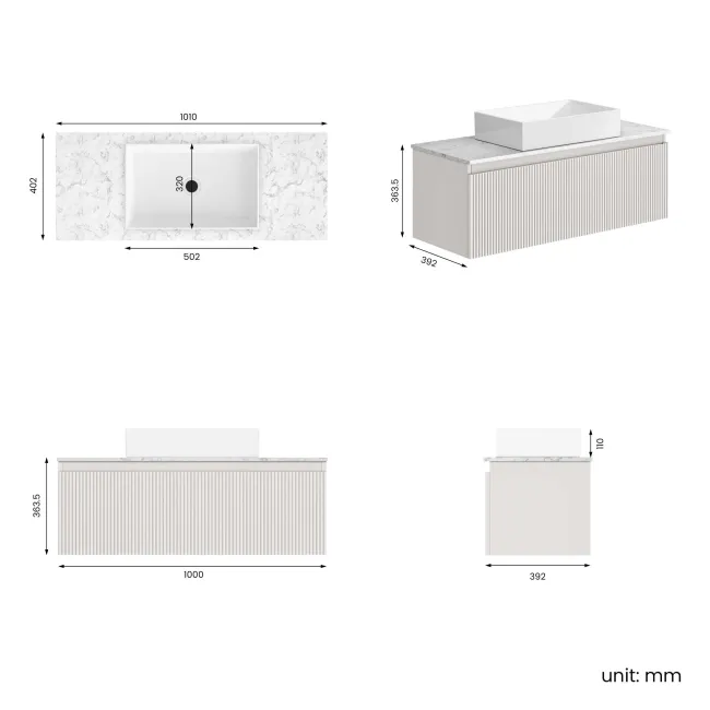 Malta Fluted Coastal White Wall Hung Drawer Vanity with Marble Top & Cody Basin 1000mm