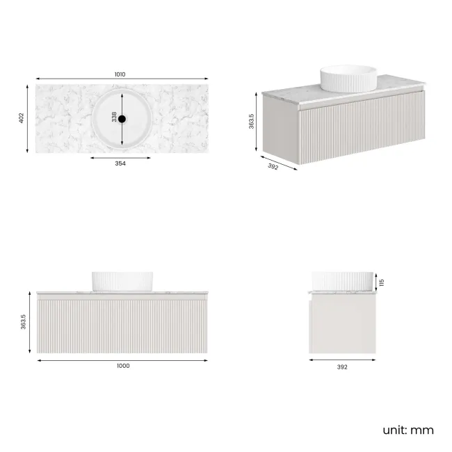 Malta Fluted Coastal White Wall Hung Drawer Vanity with Marble Top & Nevis Basin 1000mm