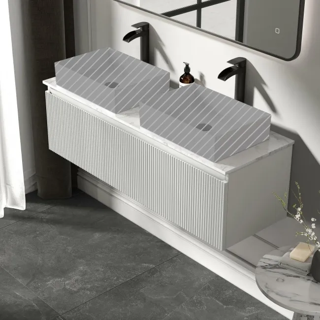 Malta Fluted Coastal White Double Wall Hung Drawer Vanity with Marble Top 1200mm - Excludes Counter Top Basin