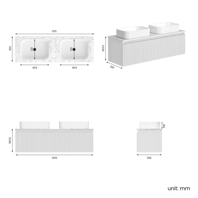Malta Fluted Coastal White Double Wall Hung Drawer Vanity with Marble Top & Marin Basin 1200mm