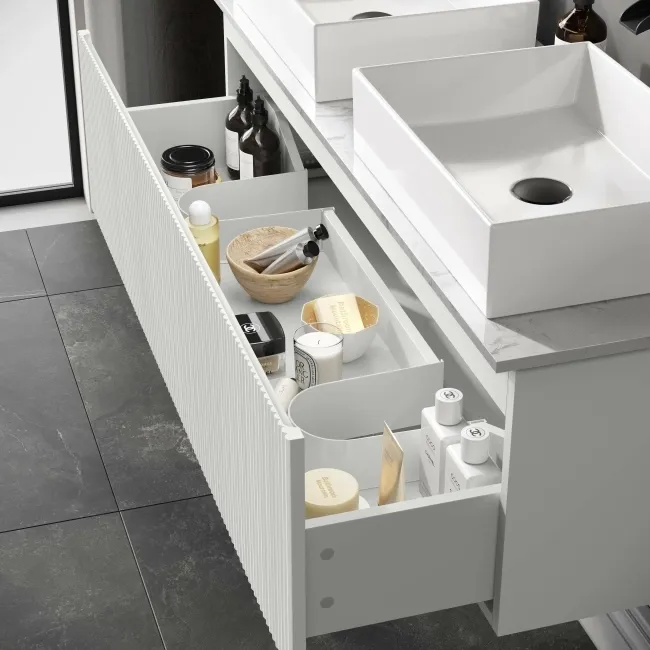 Malta Fluted Coastal White Double Wall Hung Drawer Vanity with Marble Top & Cody Basin 1200mm