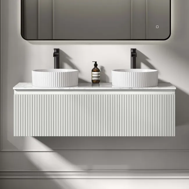 Malta Fluted Coastal White Double Wall Hung Drawer Vanity with Marble Top & Nevis Basin 1200mm