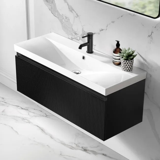 Malta Fluted Matt Black Wall Hung Basin Drawer Vanity 1000mm