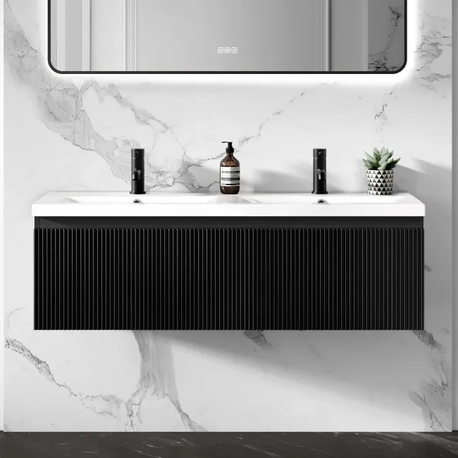 Malta Fluted Matt Black Wall Hung Double Basin Drawer Vanity 1200mm