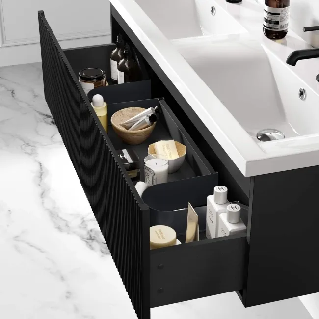 Malta Fluted Matt Black Wall Hung Double Basin Drawer Vanity 1200mm