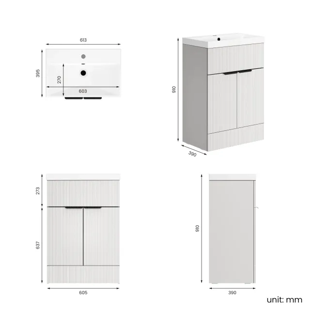 Havana Fluted Coastal White Basin Vanity 600mm - Black Accents