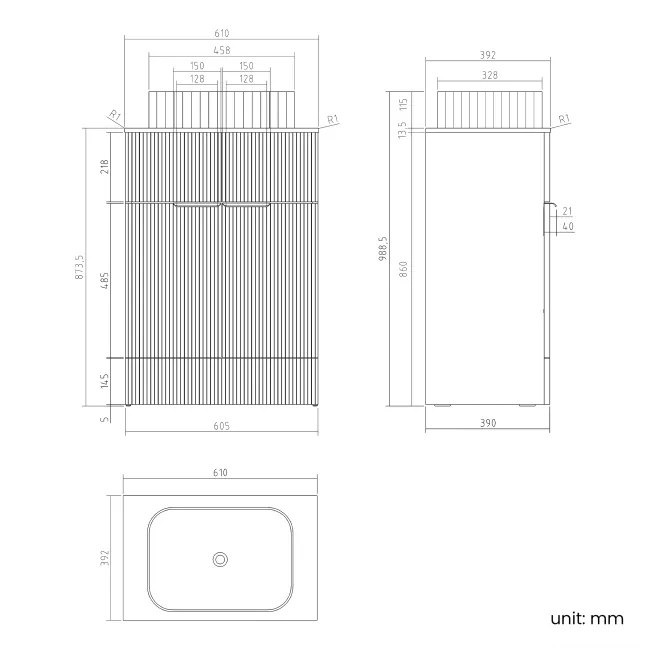 Havana Fluted Coastal White Cabinet with Marble Top & Reno Basin 600mm - Black Accents