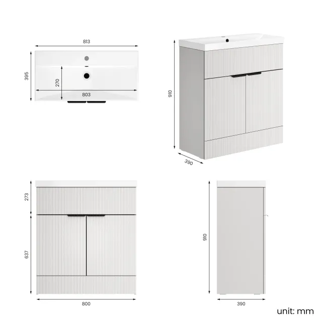 Havana Fluted Coastal White Basin Vanity 800mm - Black Accents
