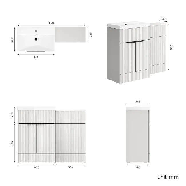 Havana Fluted Coastal White Basin Vanity and Back To Wall Toilet Unit 1100mm (Excludes Toilet) - Black Accents